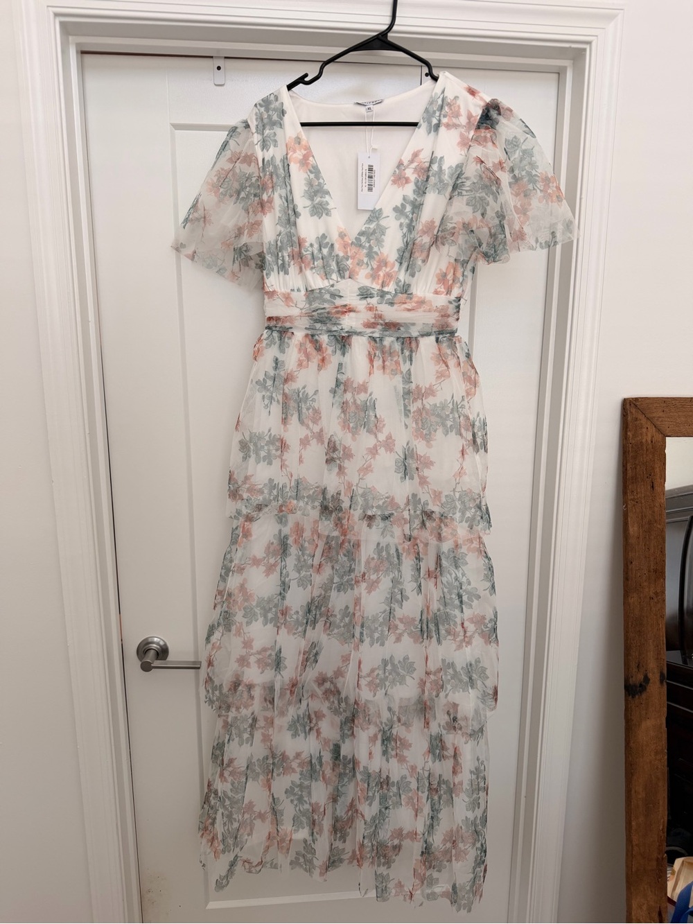 Baltic Born Floral Tiered V-Neck Maxi Dress in White with Blush and Sage